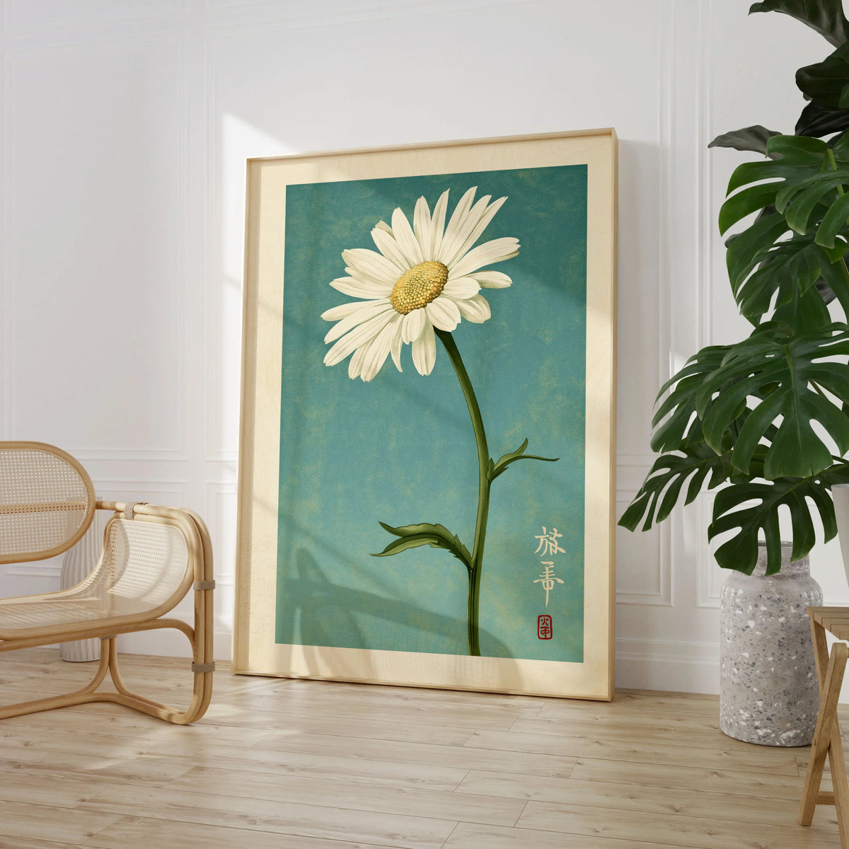 Daisy Art Print – Blue Japanese Botanical Wall Art — large framed print room setting chair plant
