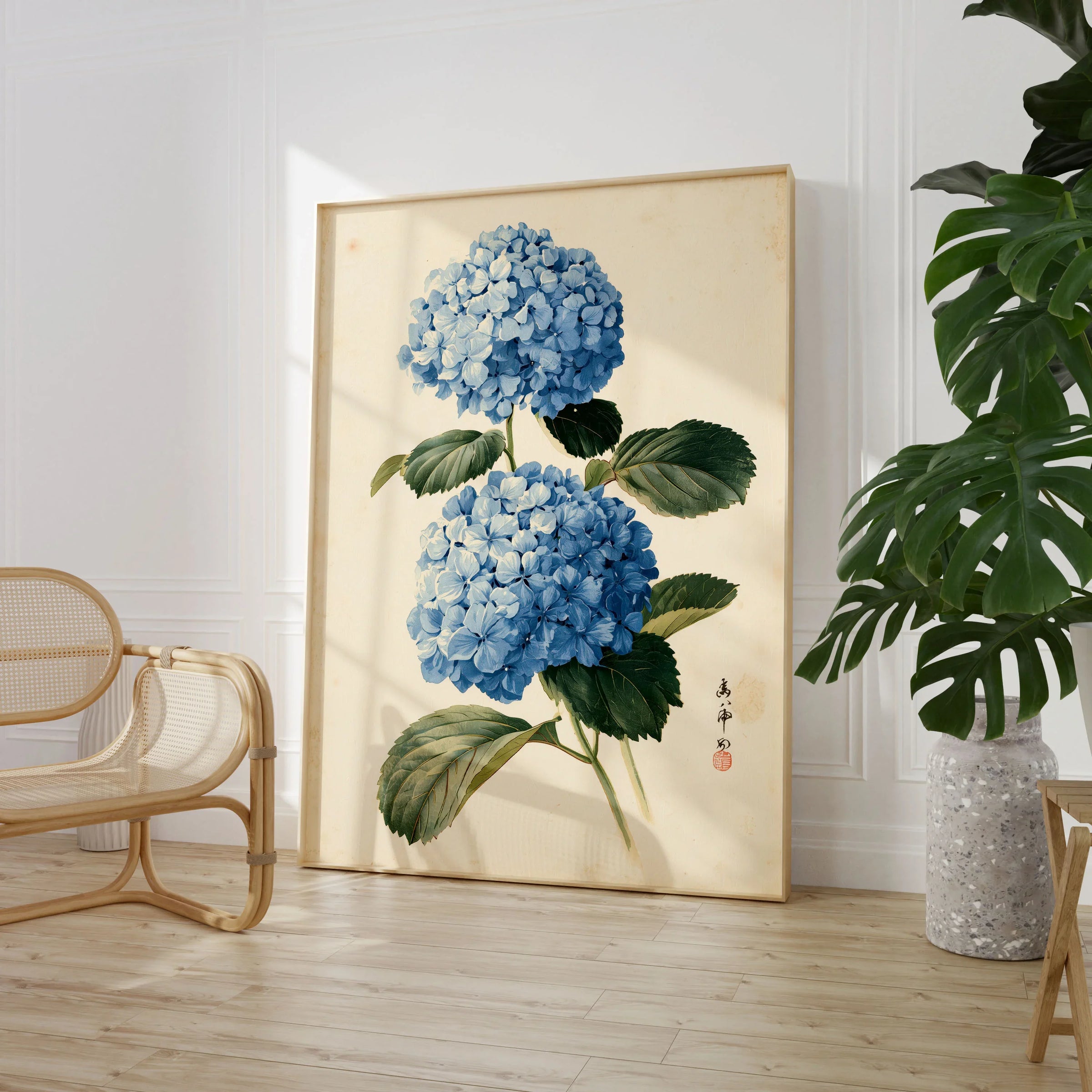 Blue Hydrangea Art Print – Japanese Botanical Wall Art — large framed print room setting chair plant