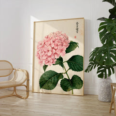 Pink Hydrangea Art Print – Vintage Japanese Botanical Wall Art — large framed print room setting chair plant