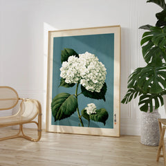 White Hydrangea Wall Art – Blue Japanese Botanical Print — large framed print room setting chair plant