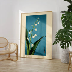 Lily of the Valley Art Print – Blue Japanese Botanical Wall Art — large framed print room setting chair plant