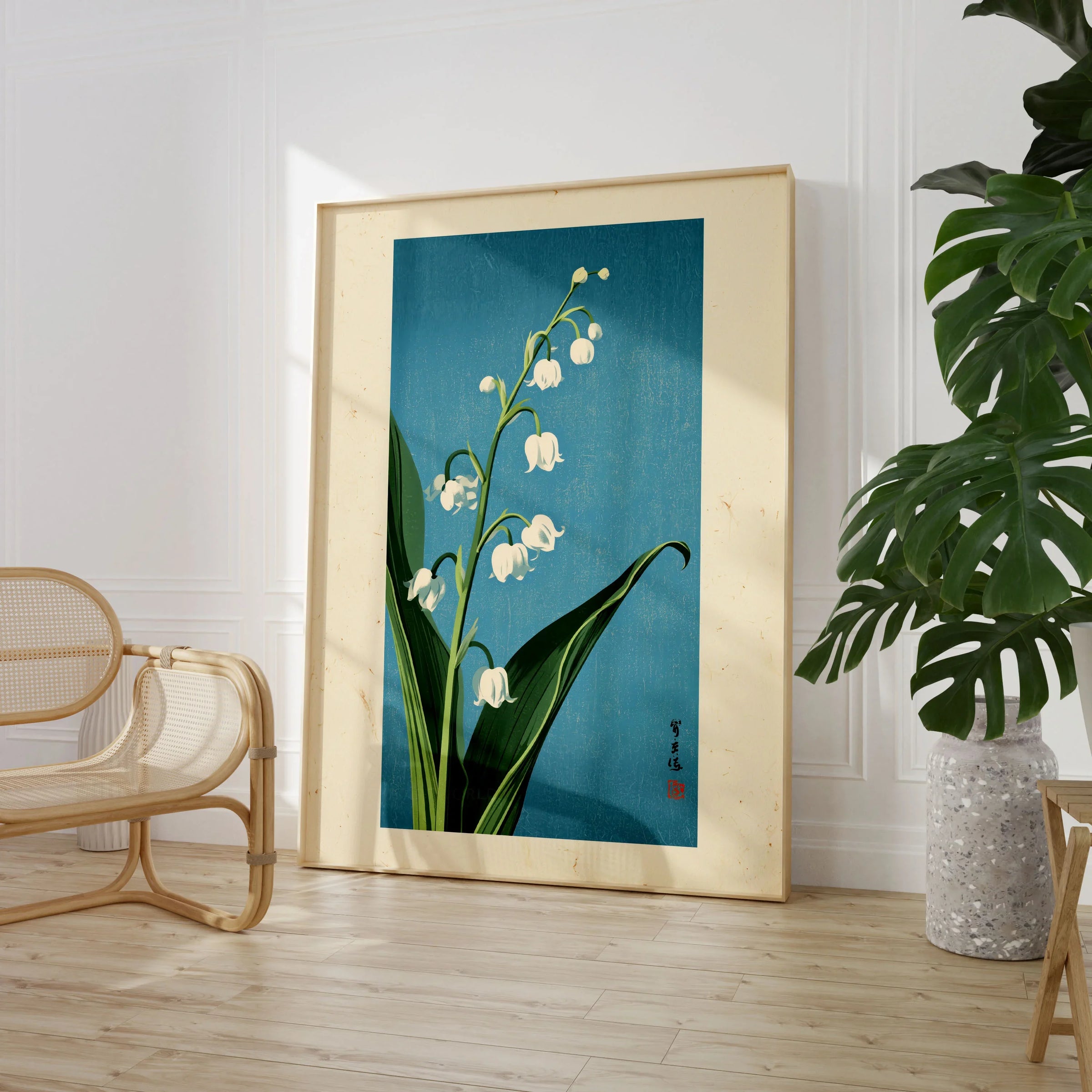 Lily of the Valley Art Print – Blue Japanese Botanical Wall Art — large framed print room setting chair plant