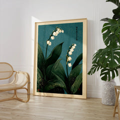 Lily of the Valley Wall Art – Vintage Japanese Botanical Print — large framed print room setting chair plant