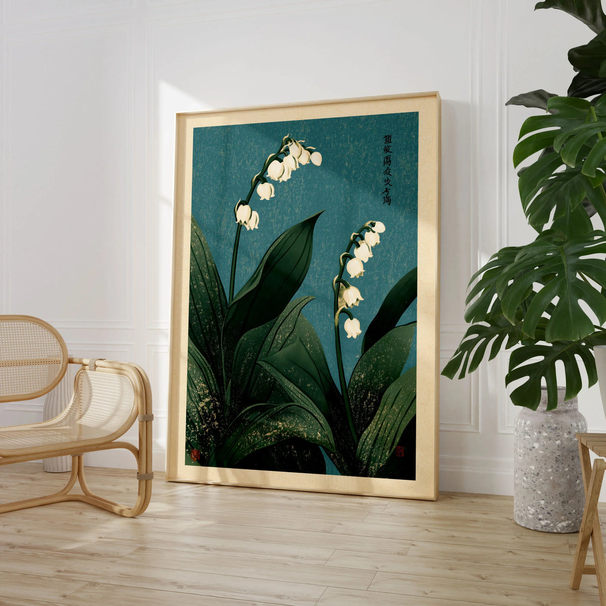 Lily of the Valley Wall Art – Vintage Japanese Botanical Print — large framed print room setting chair plant