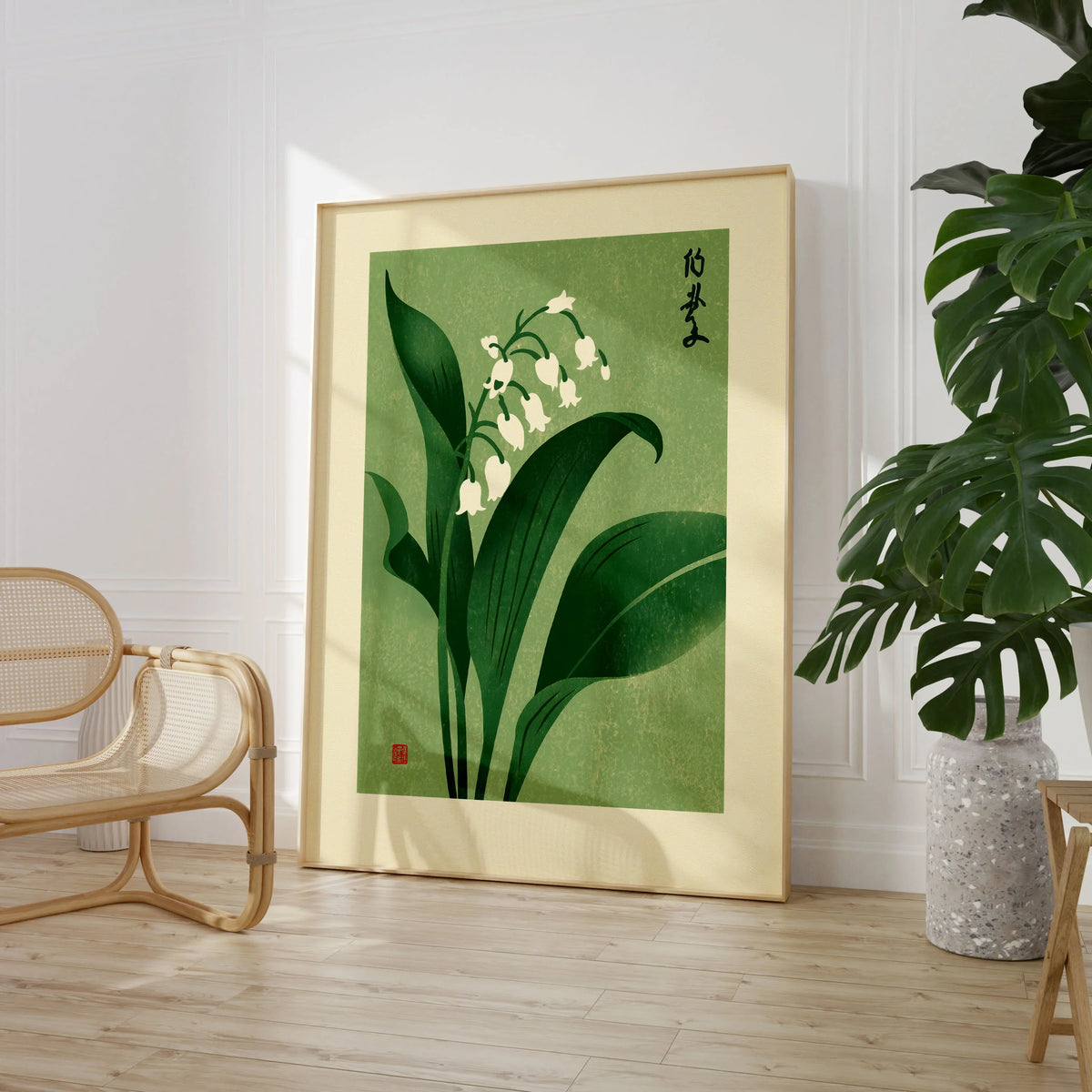Lily of the Valley Art Print – Green Japanese Botanical Wall Art — large framed print room setting chair plant