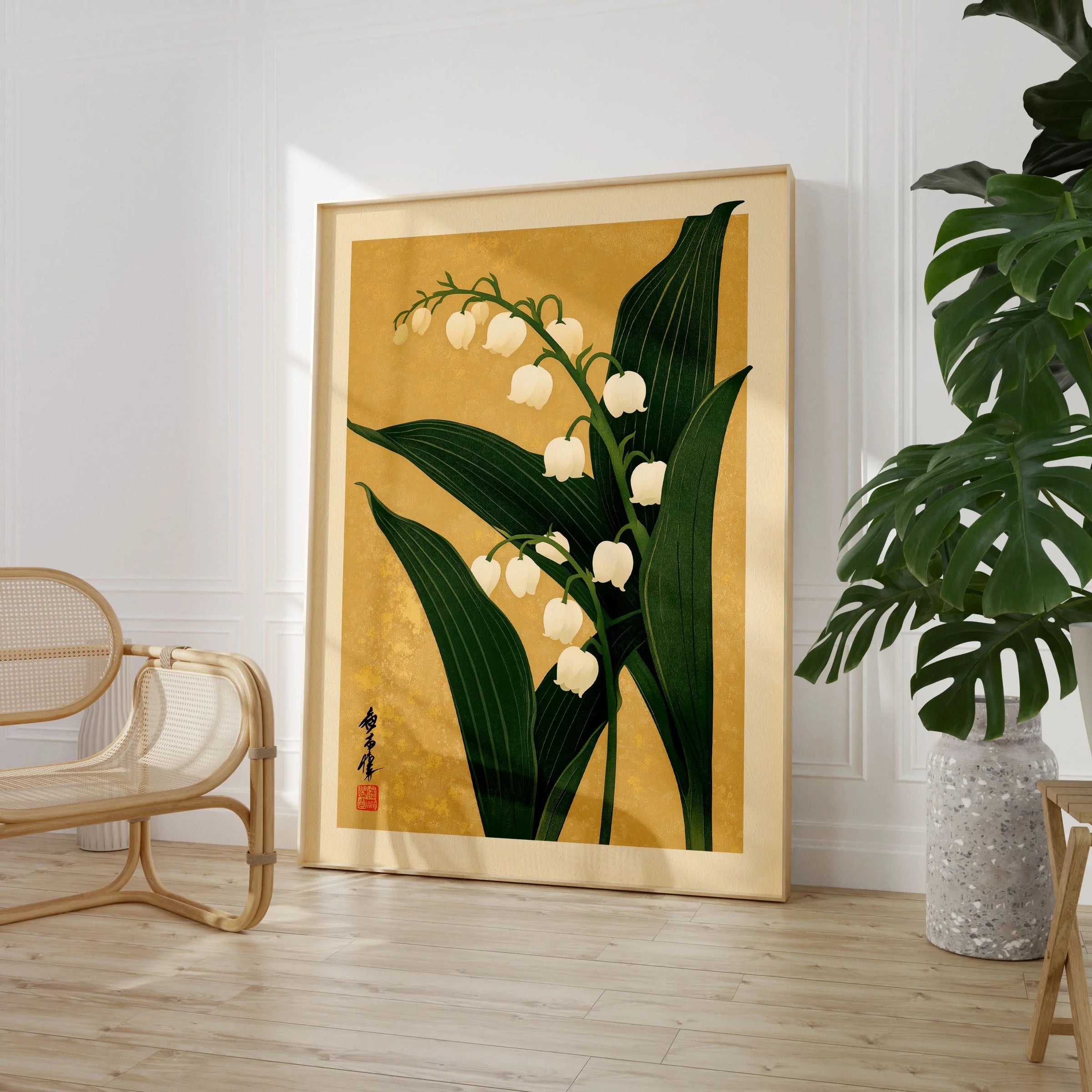 Lily of the Valley Print – Gold Japanese Botanical Wall Art — large framed print room setting chair plant