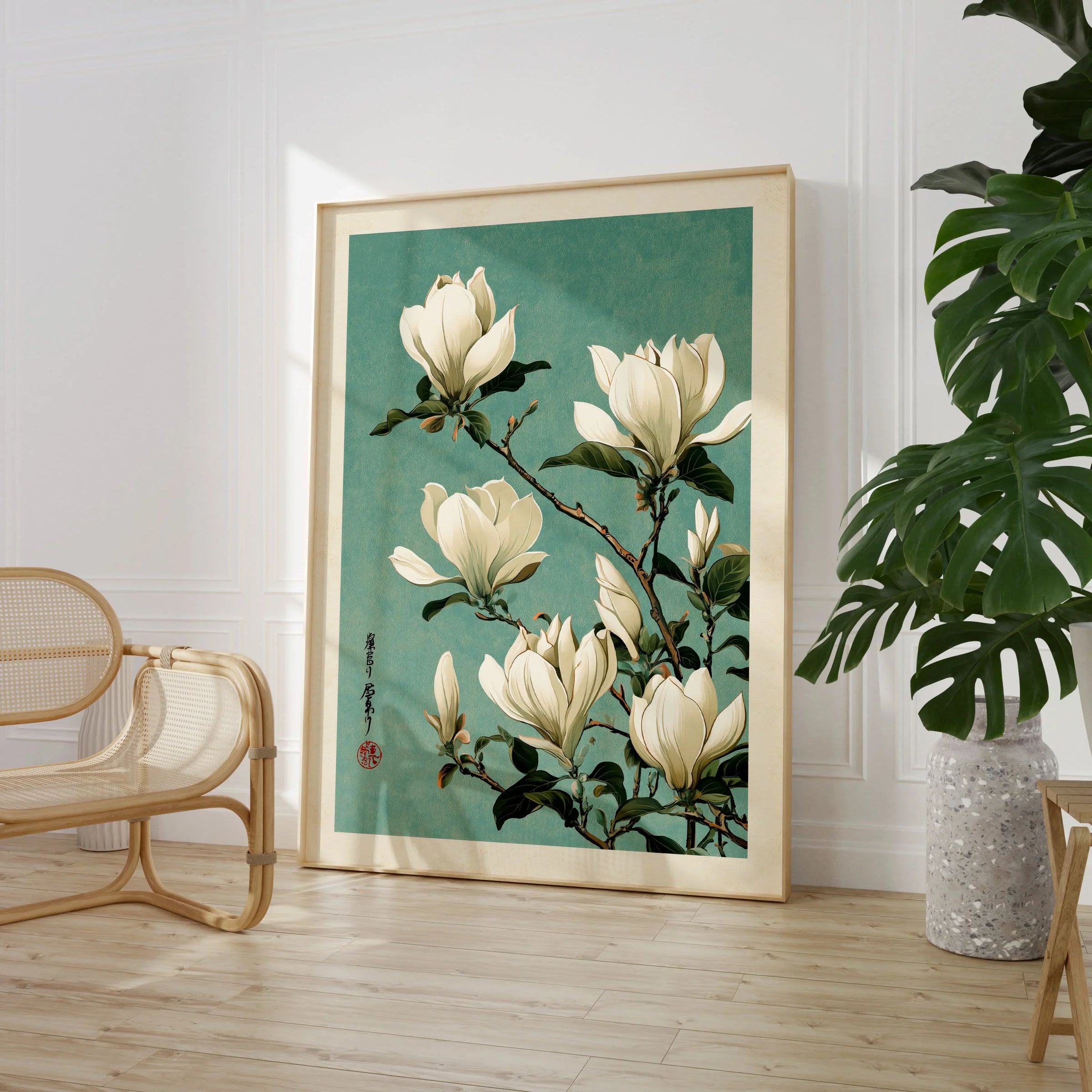 Magnolia Art Print – Blue Japanese Botanical Wall Art — large framed print room setting chair plant