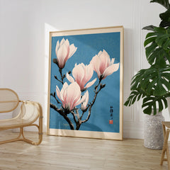Pink Magnolia Art Print – Blue Japanese Botanical Wall Art — large framed print room setting chair plant