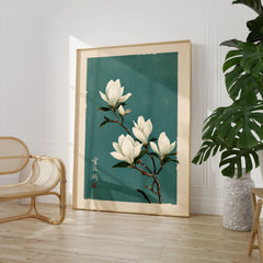 White Magnolia Art Print – Teal Japanese Botanical Wall Art — large framed print room setting chair plant