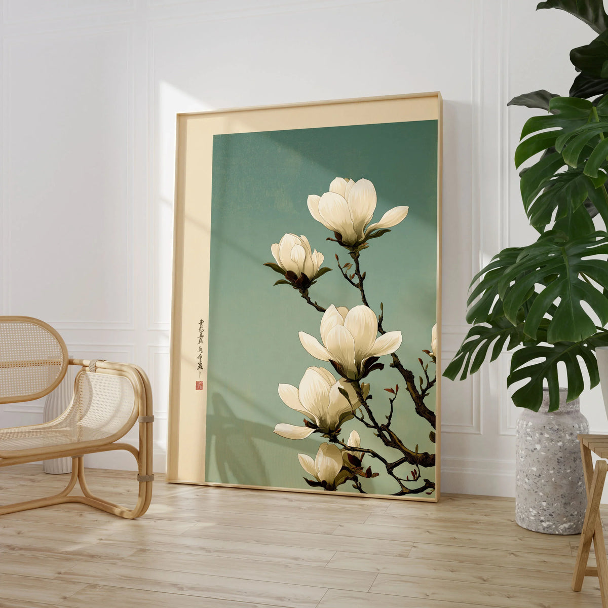 Magnolia Blossom Art Print – Soft Japanese Botanical Wall Art — large framed print room setting chair plant