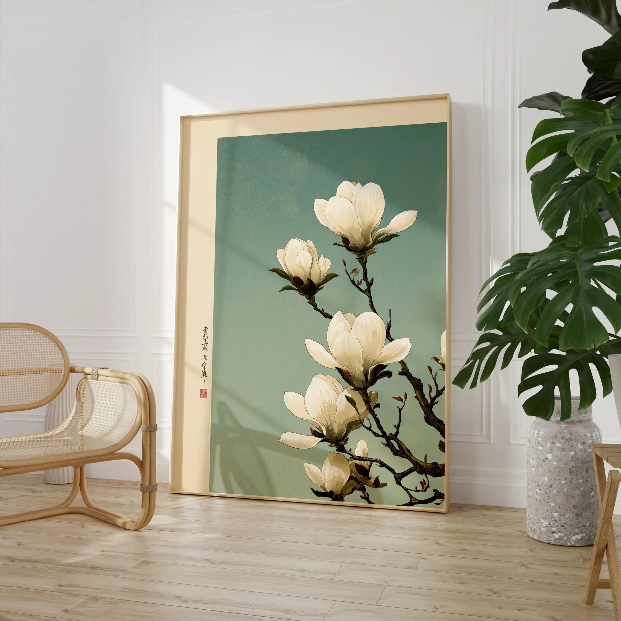 Magnolia Blossom Art Print – Soft Japanese Botanical Wall Art — large framed print room setting chair plant