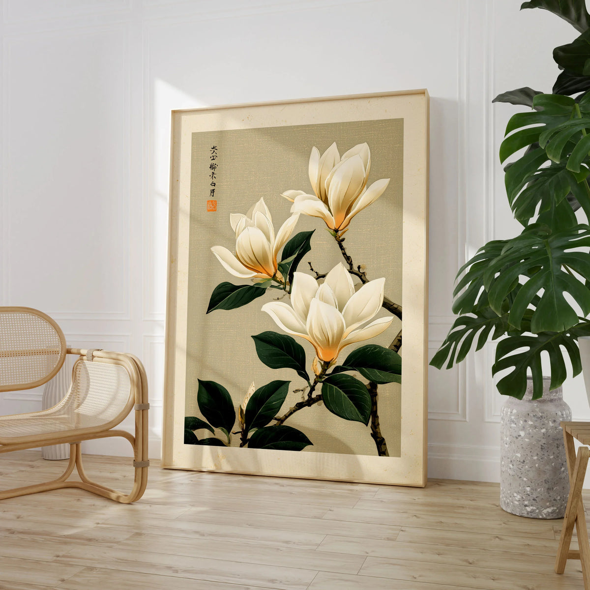 Magnolia Flower Wall Art – Neutral Japanese Botanical Print — large framed print room setting chair plant