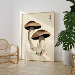 Mushroom Art Print – Vintage Japanese Botanical Wall Art — large framed print room setting chair plant