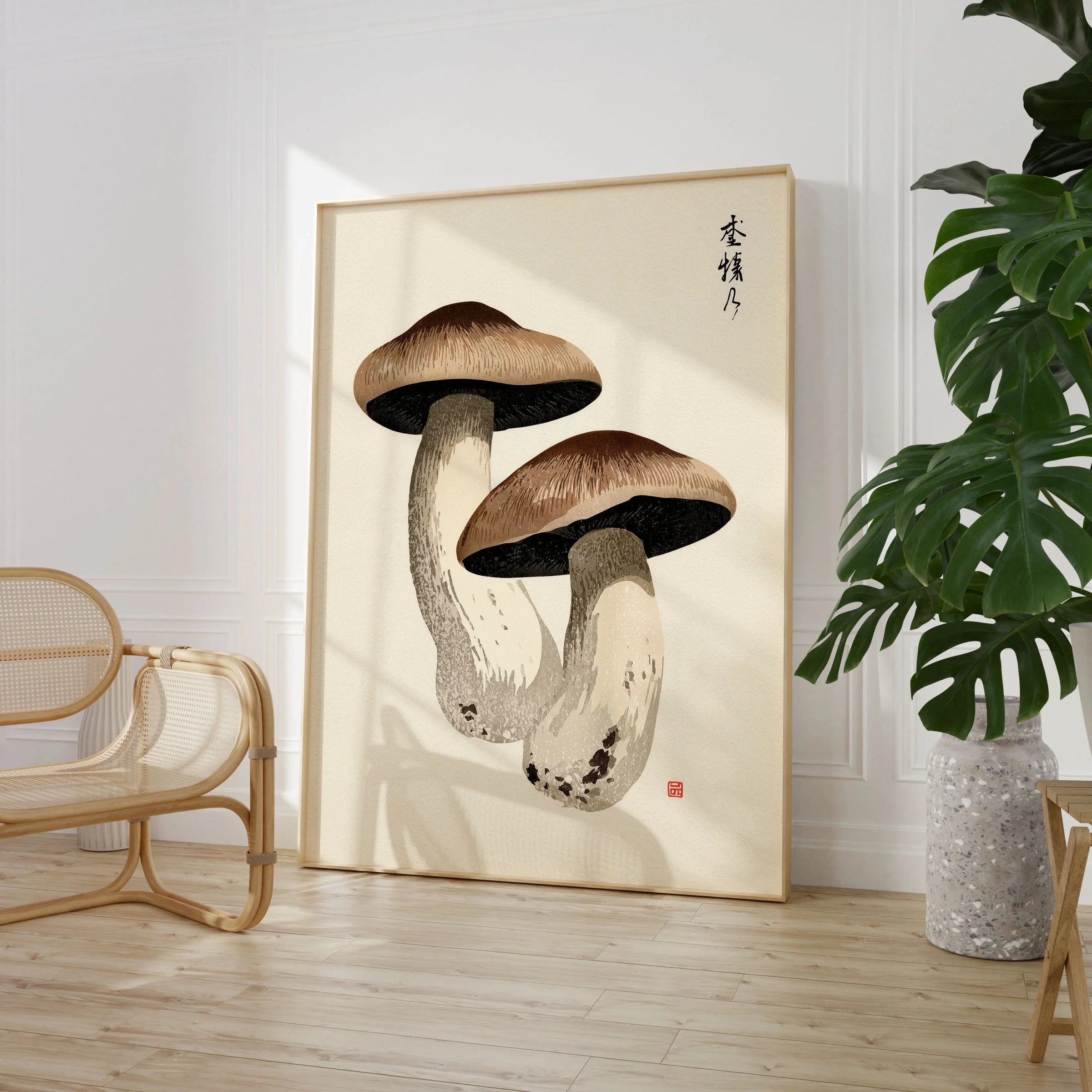 Mushroom Art Print – Vintage Japanese Botanical Wall Art — large framed print room setting chair plant