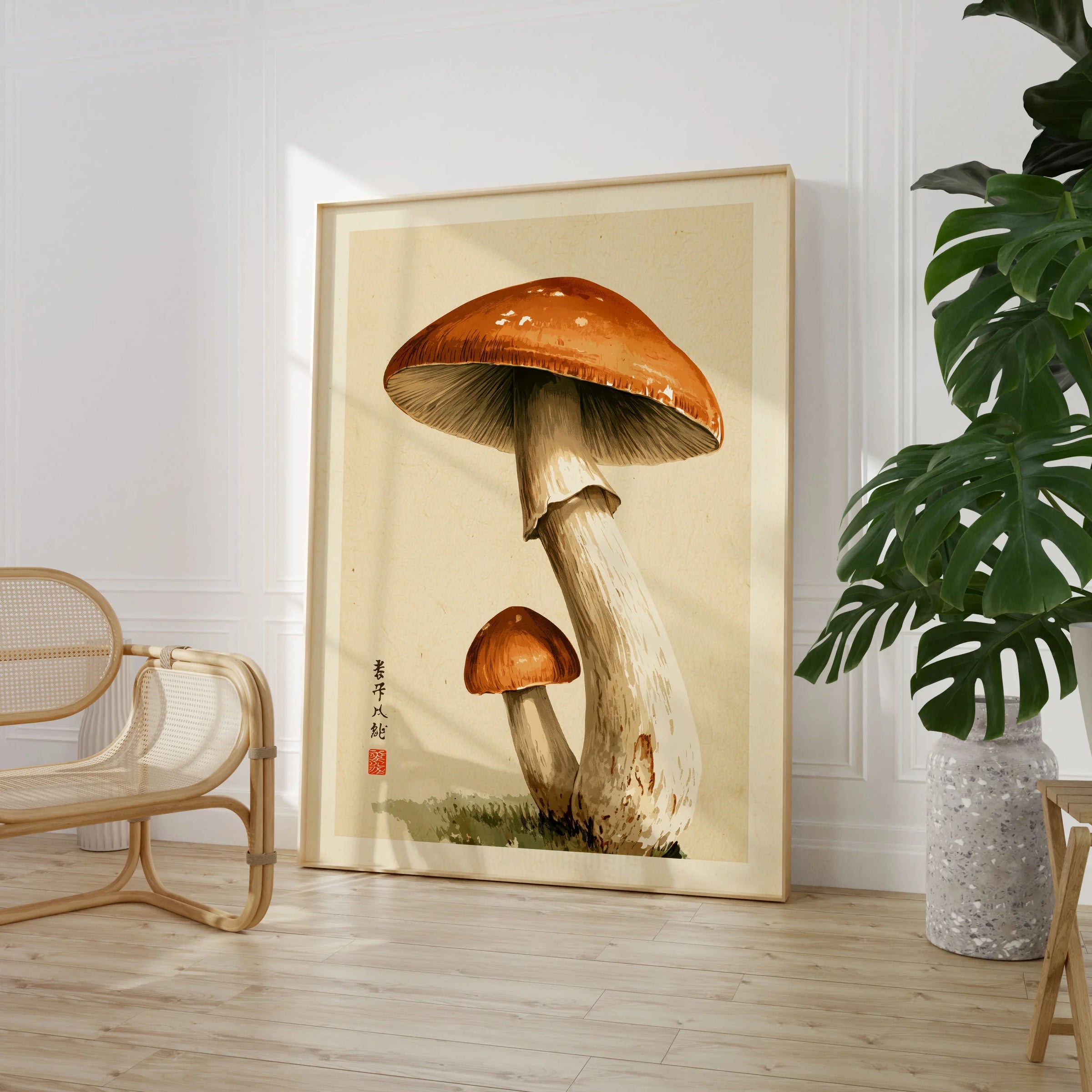 Mushroom Wall Art – Vintage Japanese Woodland Print — large framed print room setting chair plant