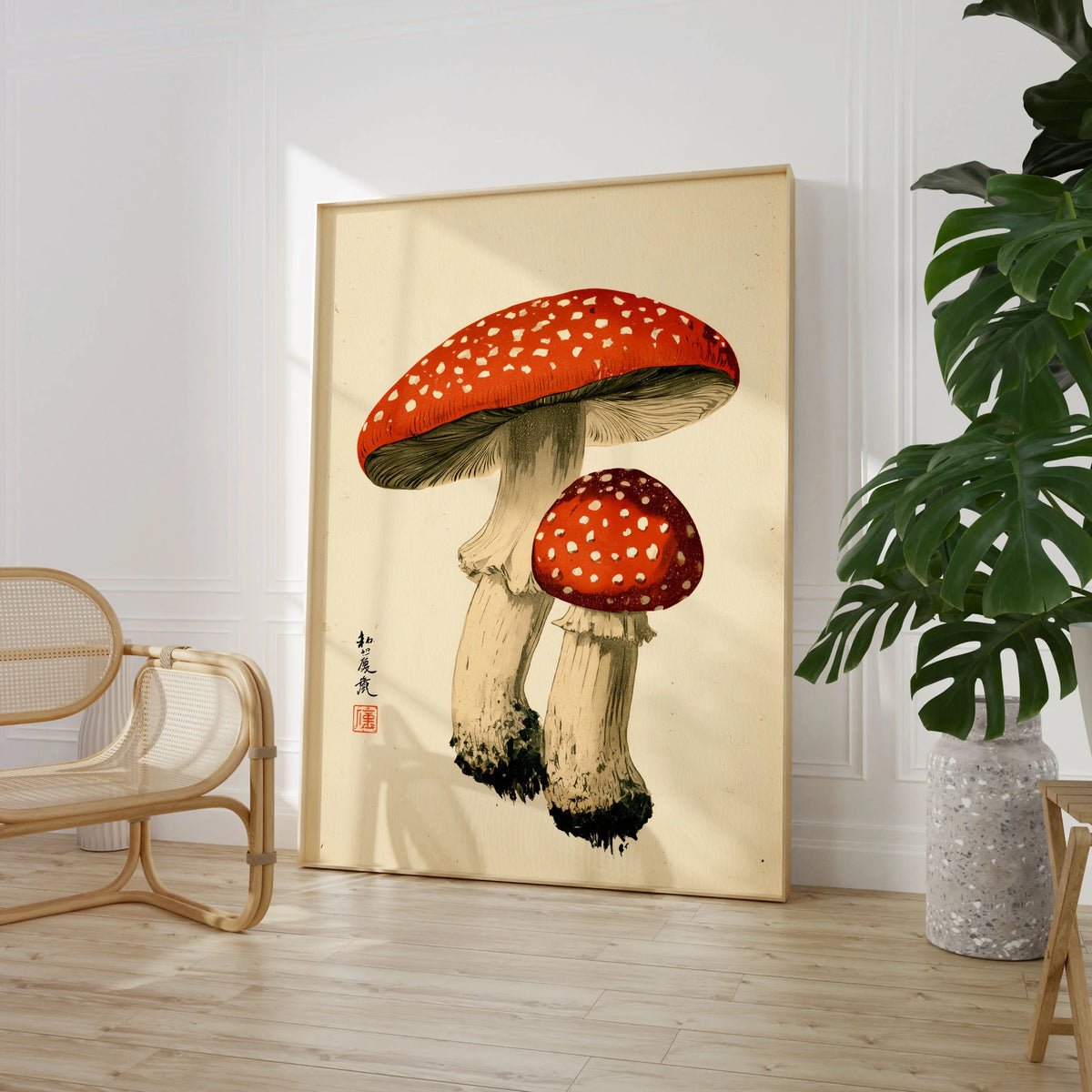 Fly Agaric Mushroom Art Print – Red Japanese Wall Art — large framed print room setting chair plant
