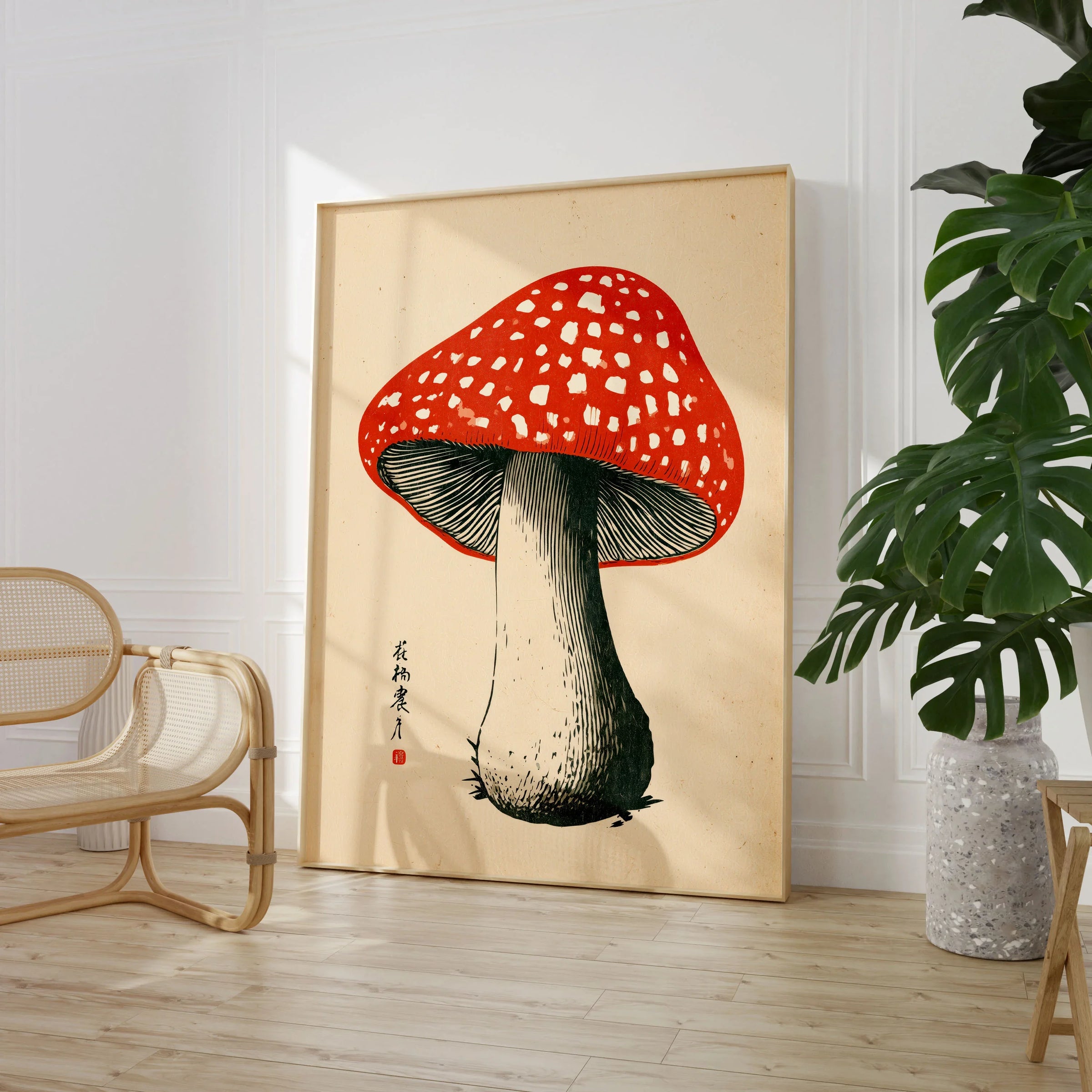 Red Mushroom Art Print – Japanese Woodblock Wall Art — large framed print room setting chair plant