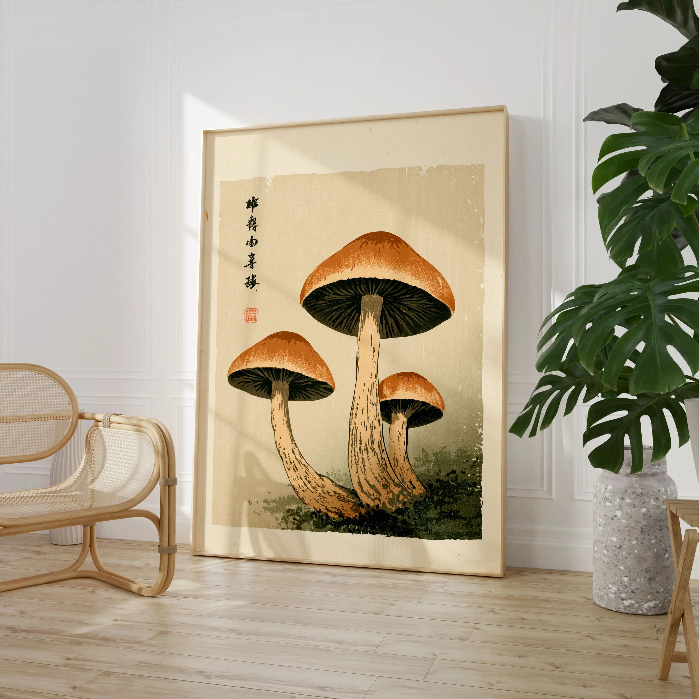 Mushroom Print – Japanese Forest Botanical Wall Art — large framed print room setting chair plant