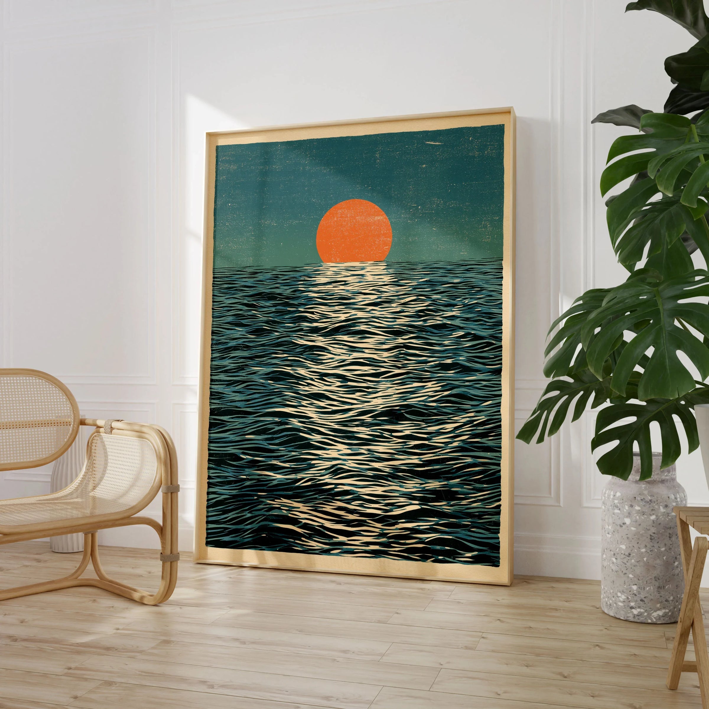 Ocean Sunset Art Print – Japanese Seascape Wall Art — large framed print room setting chair plant