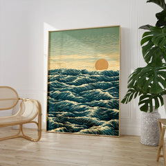 Japanese Ocean Art Print – Vintage Seascape Wall Art — large framed print room setting chair plant