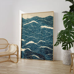 Ocean Waves Art Print – Blue Japanese Seascape Wall Art — large framed print room setting chair plant