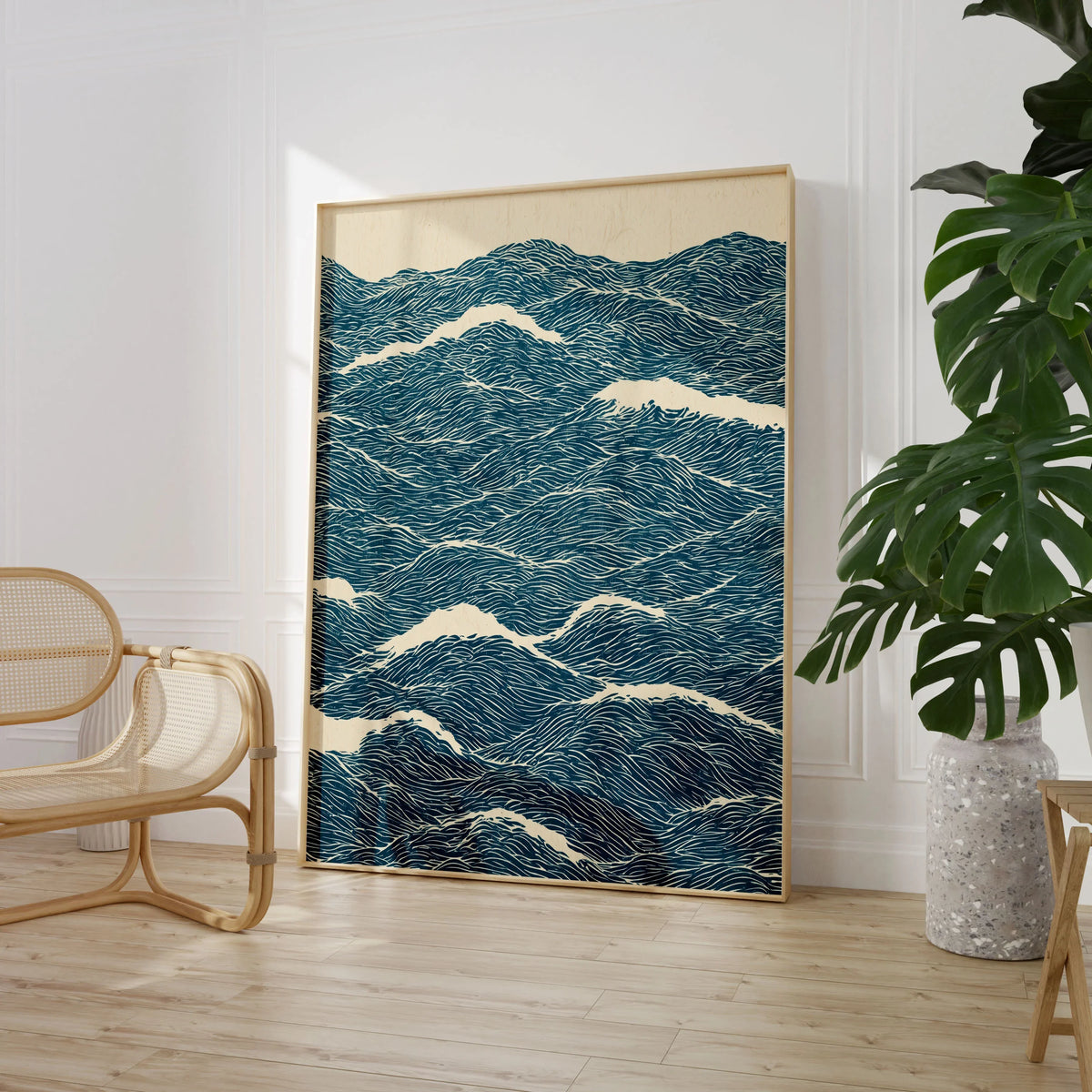 Ocean Waves Art Print – Blue Japanese Seascape Wall Art — large framed print room setting chair plant