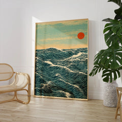 Red Sun Ocean Art Print – Japanese Seascape Wall Art — large framed print room setting chair plant