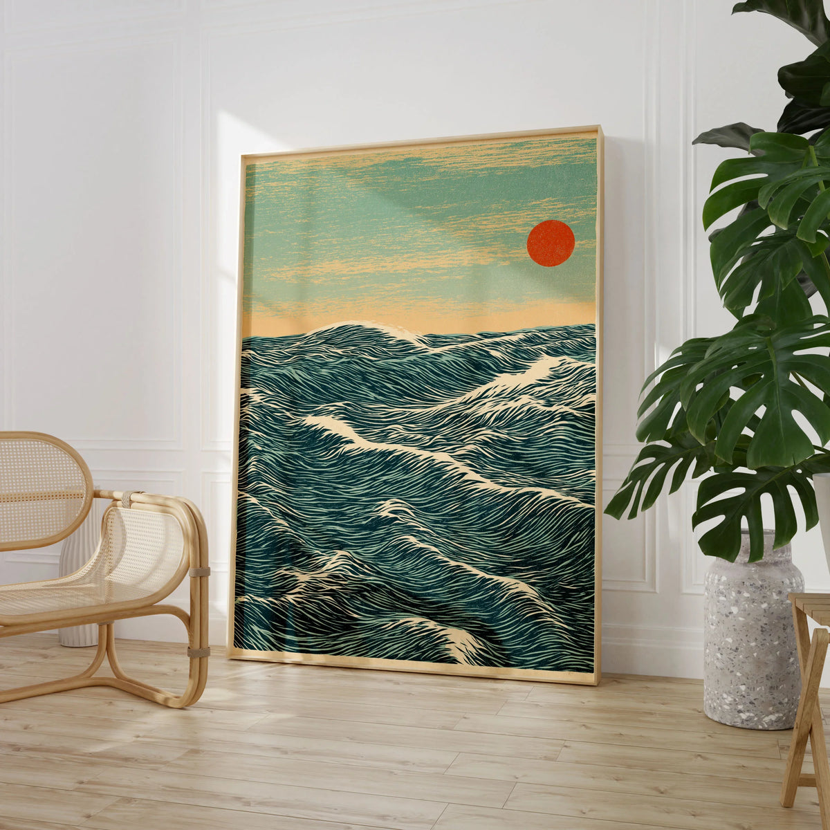 Red Sun Ocean Art Print – Japanese Seascape Wall Art — large framed print room setting chair plant