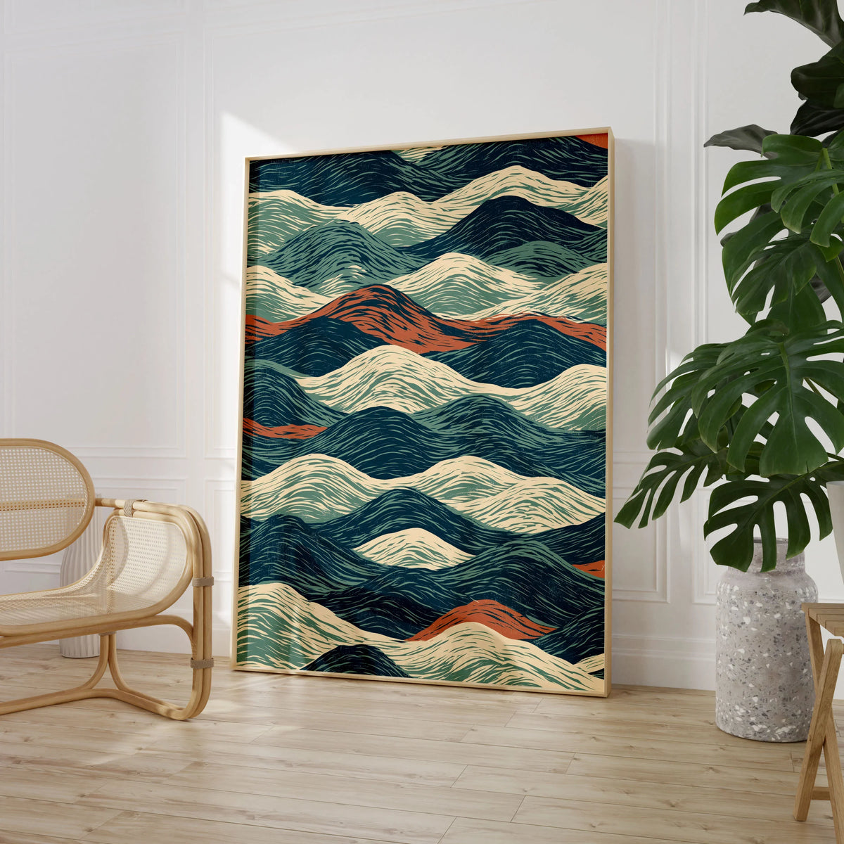 Linocut Style Ocean Art Print – Japanese Wave Pattern Wall Art — large framed print room setting chair plant