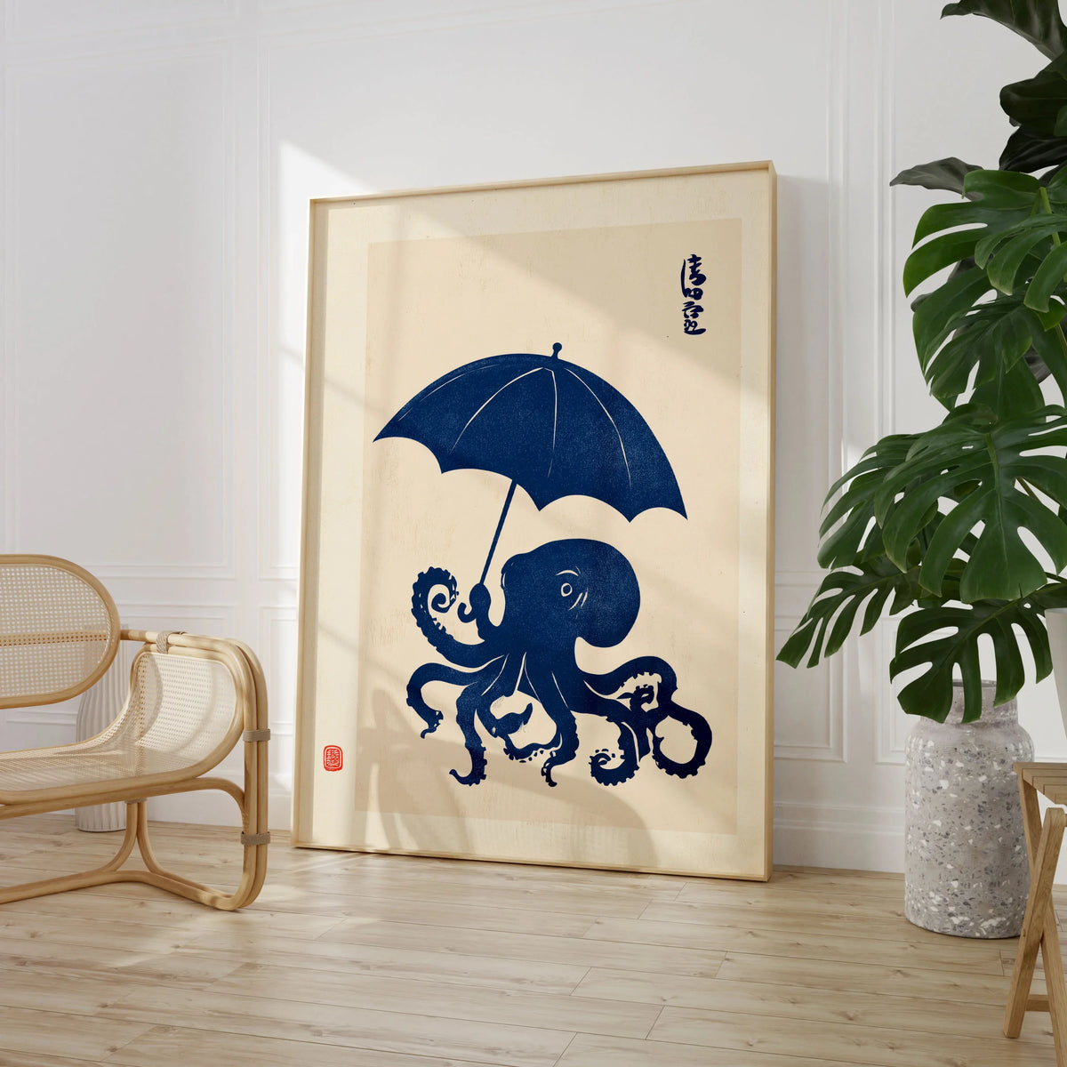 Octopus with Umbrella Art Print – Blue Japanese Wall Art — large framed print room setting chair plant