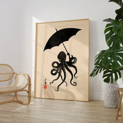 Octopus Umbrella Wall Art – Black Japanese Woodblock Print — large framed print room setting chair plant