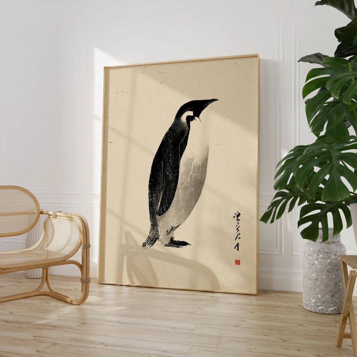 Emperor Penguin Wall Art – Vintage Japanese Ink Print — large framed print room setting chair plant