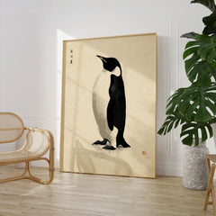 Penguin Wall Art – Minimalist Japanese Ink Art Print — large framed print room setting chair plant