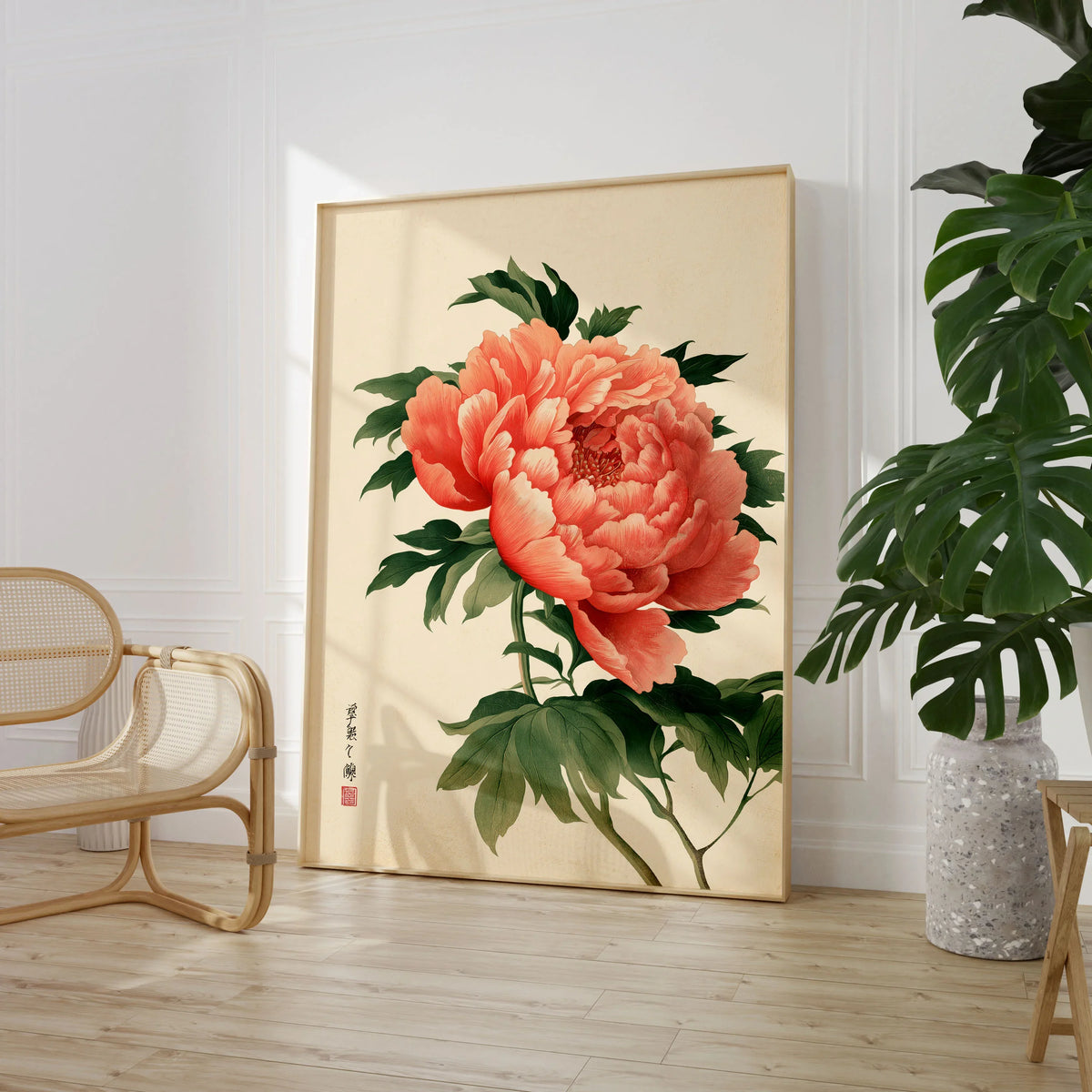 Coral Peony Art Print – Japanese Botanical Wall Art — large framed print room setting chair plant