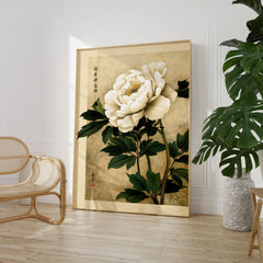 Peony Wall Art – Vintage Japanese Flower Print — large framed print room setting chair plant