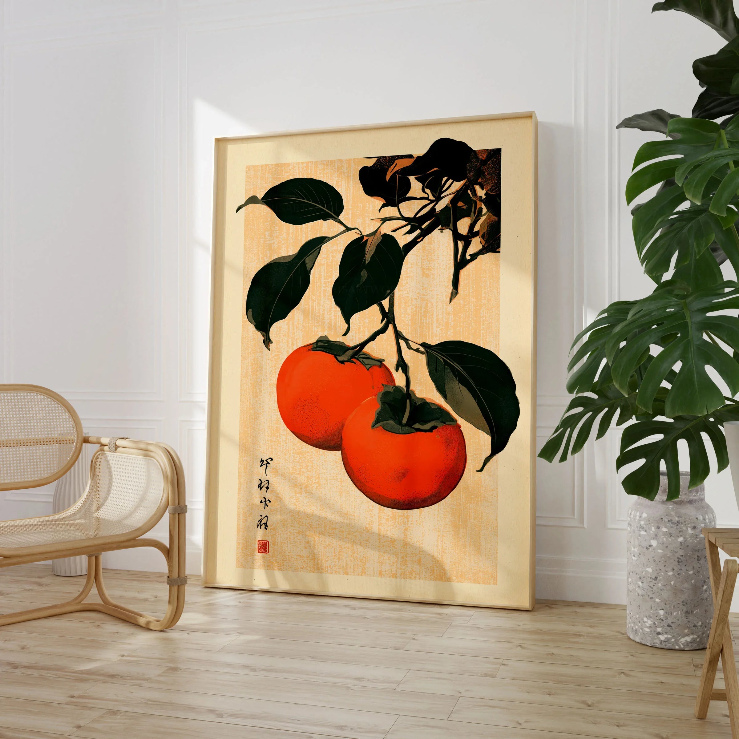 Persimmon Art Print – Japanese Botanical Kitchen Wall Art — large framed print room setting chair plant