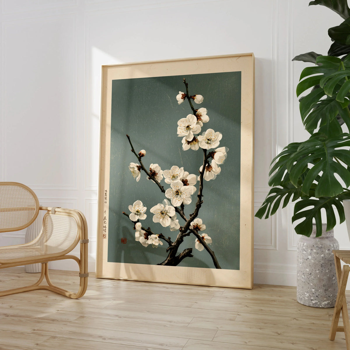 White Plum Blossom Art Print – Japanese Botanical Wall Art — large framed print room setting chair plant