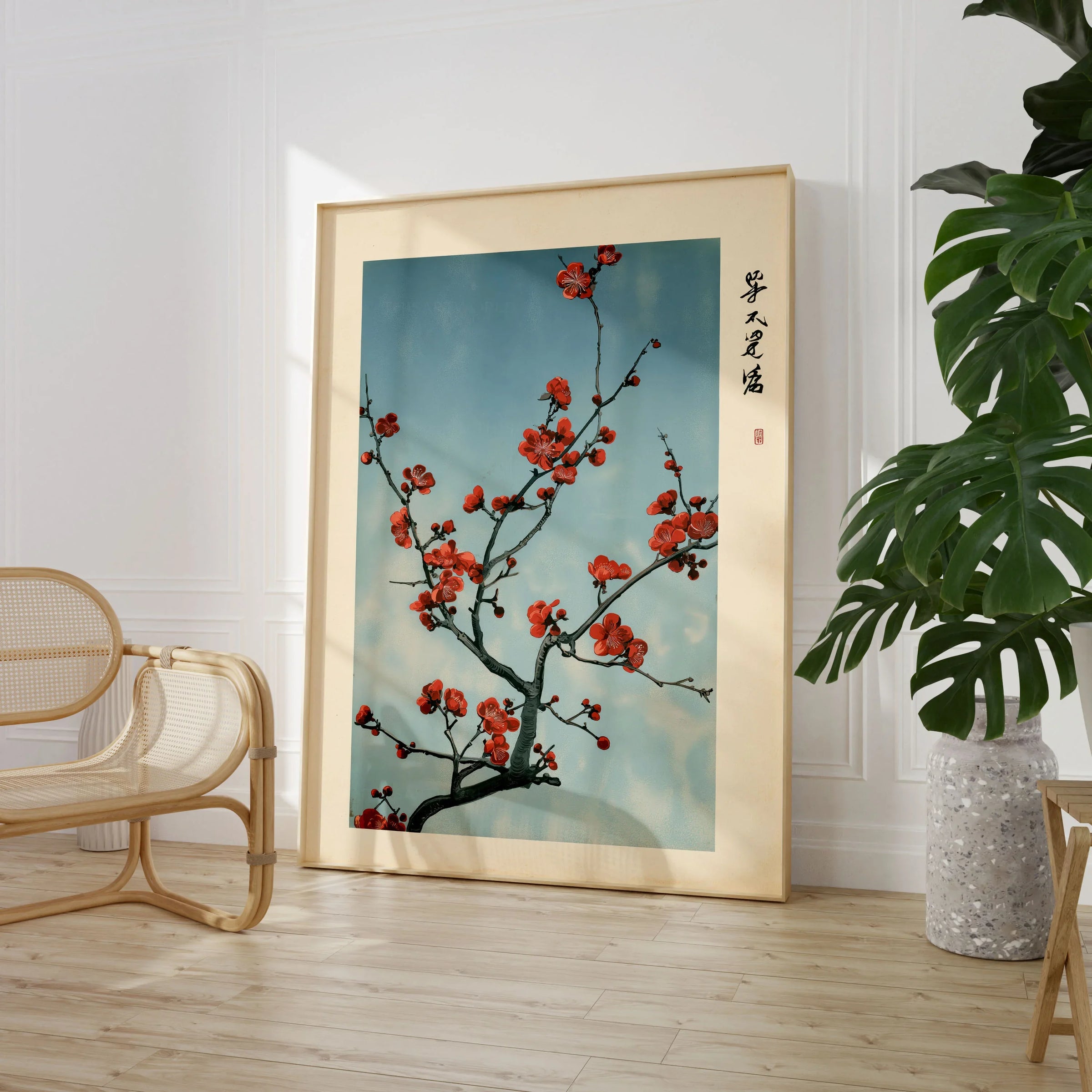 Red Plum Blossom Art Print – Blue Japanese Wall Art — large framed print room setting chair plant