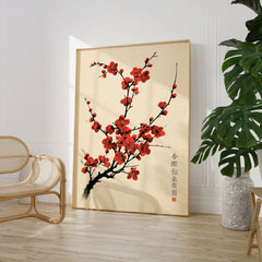 Red Blossom Art Print – Vintage Japanese Plum Wall Art — large framed print room setting chair plant