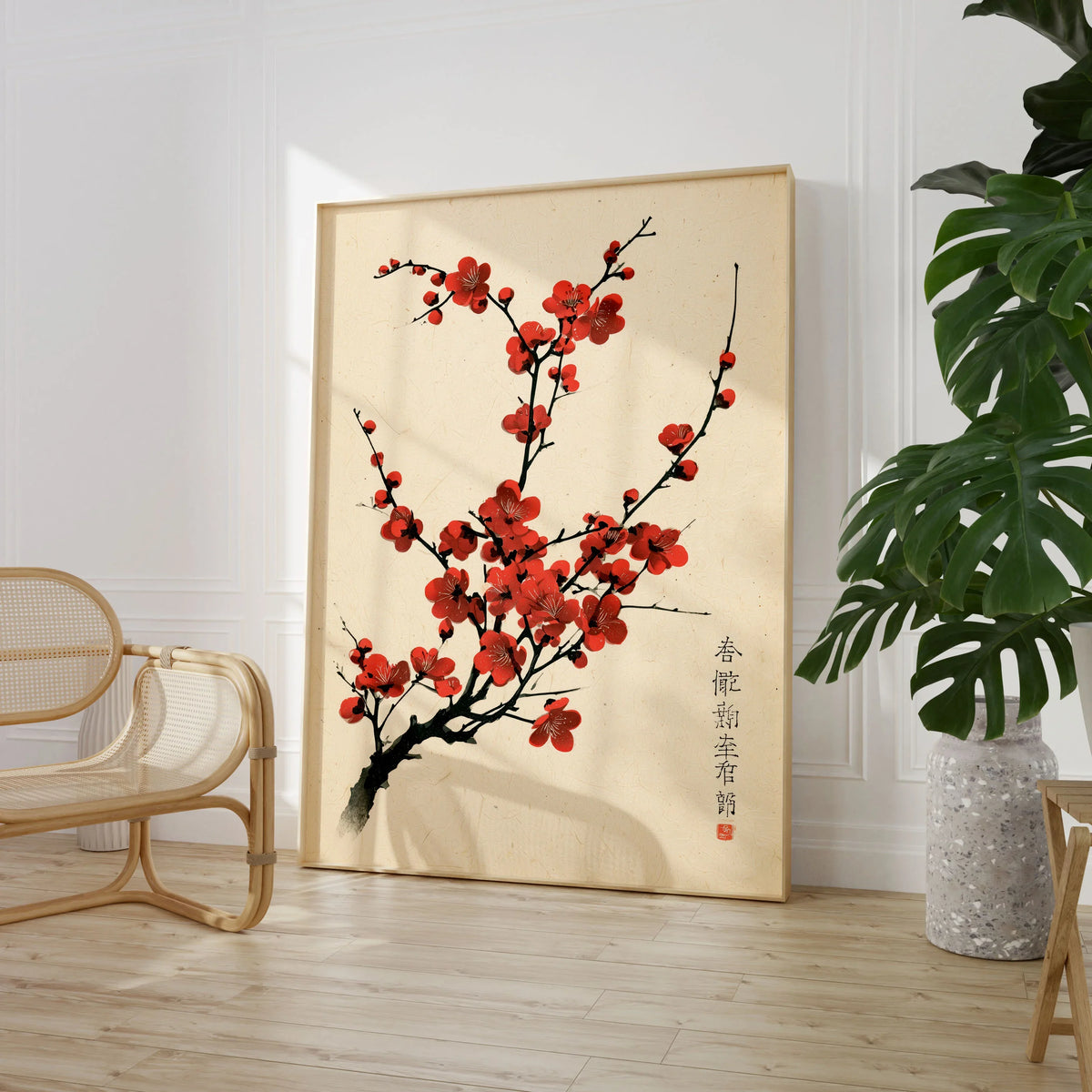 Red Blossom Art Print – Vintage Japanese Plum Wall Art — large framed print room setting chair plant