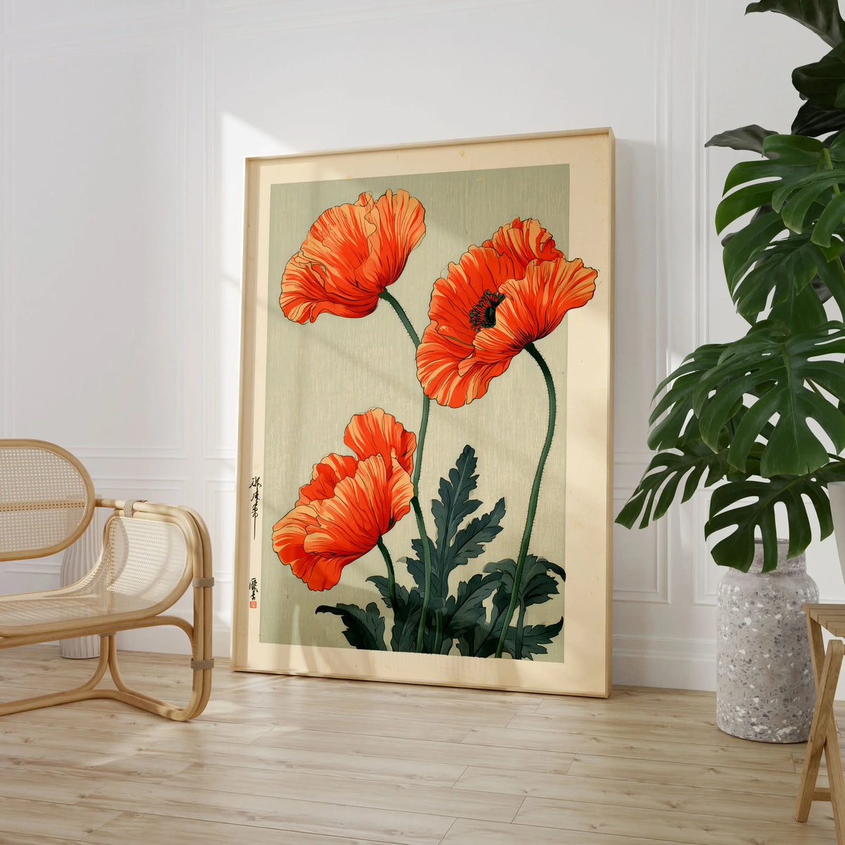 Orange Poppy Art Print – Vintage Japanese Floral Wall Art — large framed print room setting chair plant