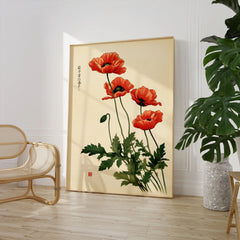 Poppy Wall Art – Vintage Japanese Botanical Print — large framed print room setting chair plant