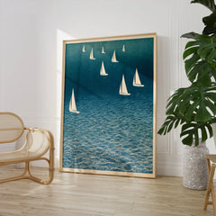 Sailing Boats Art Print – Blue Japanese Coastal Wall Art — large framed print room setting chair plant