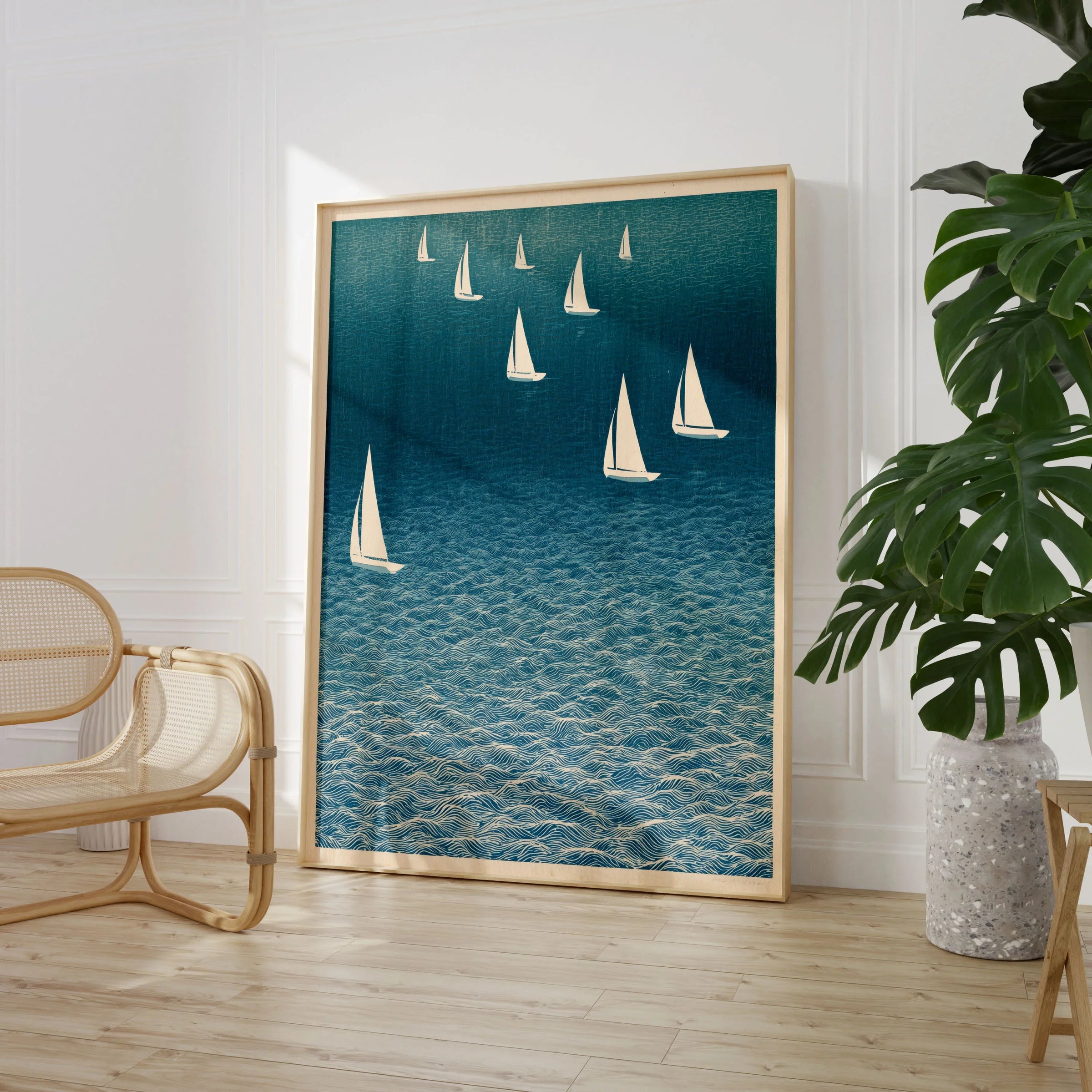Sailing Boats Art Print – Blue Japanese Coastal Wall Art — large framed print room setting chair plant