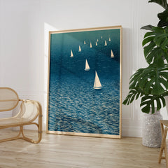 Sailboat Wall Art – Japanese Blue Ocean Print — large framed print room setting chair plant