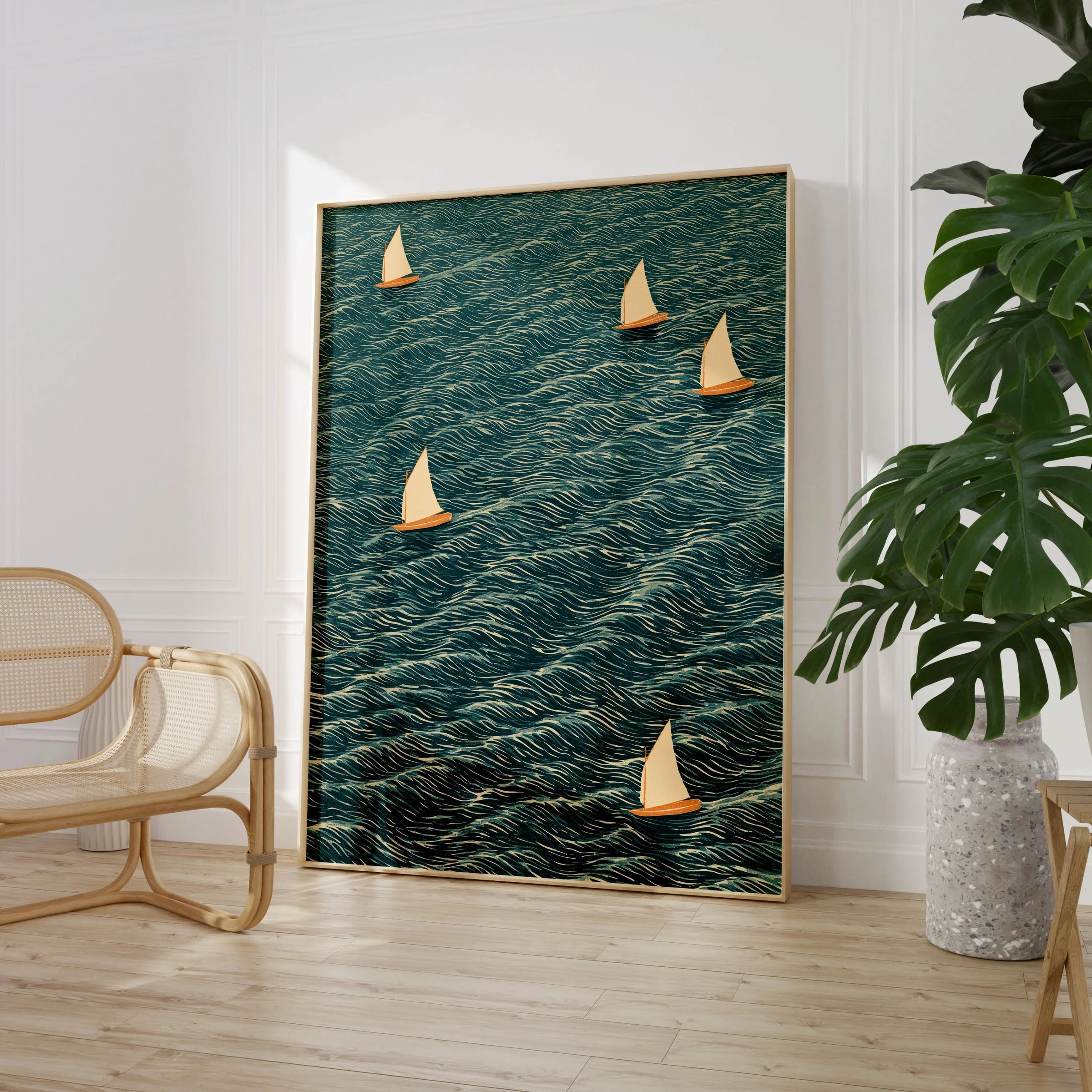 Sailing Boats Wall Art – Vintage Japanese Coastal Print — large framed print room setting chair plant