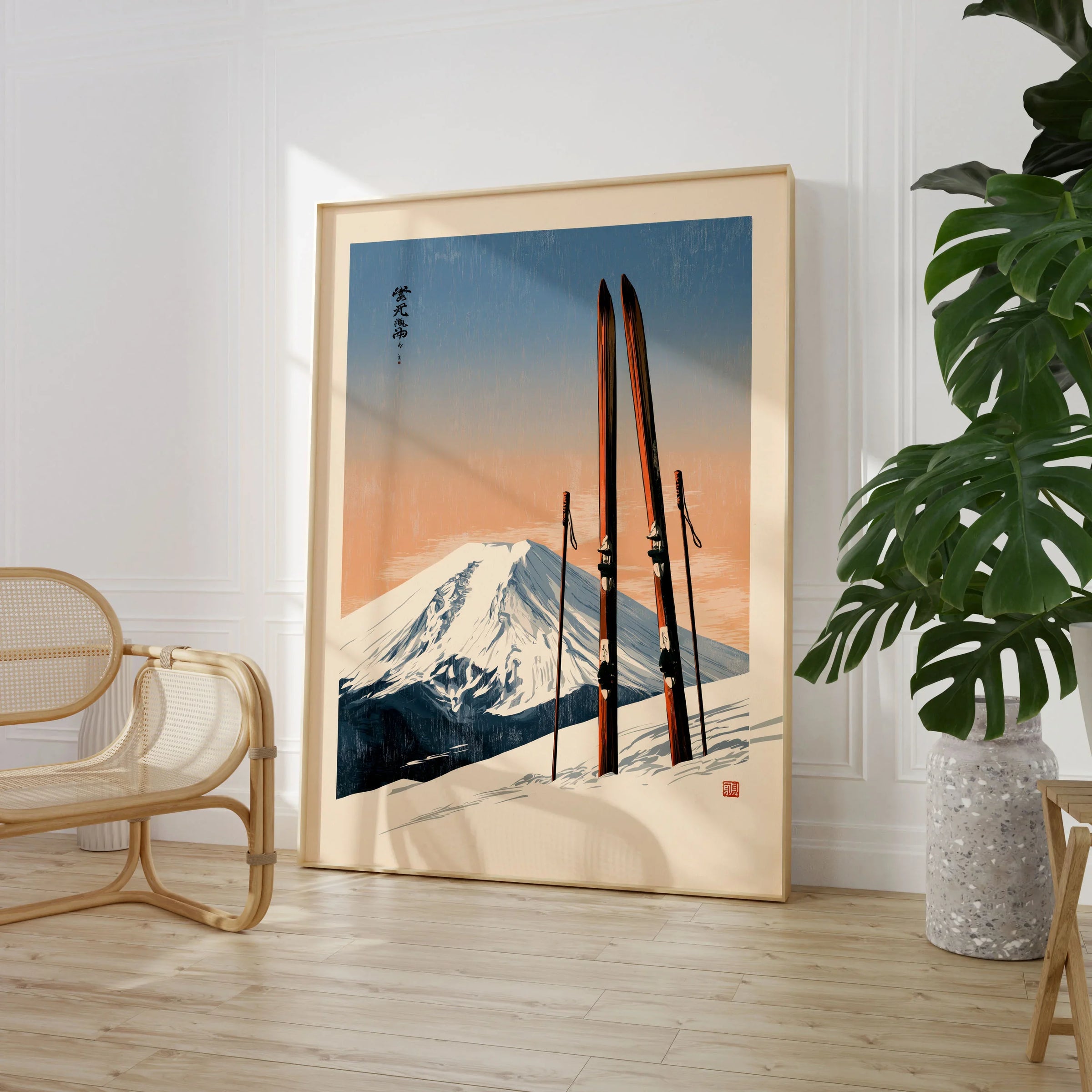 Vintage Ski Poster – Mount Fuji Japanese Alpine Wall Art — large framed print room setting chair plant
