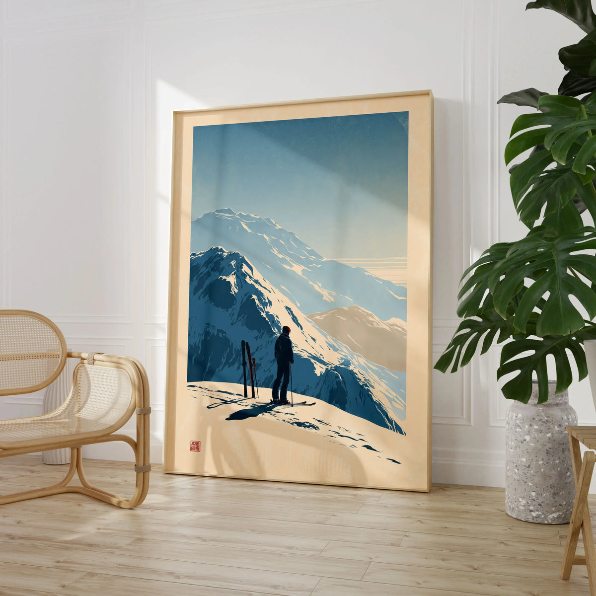 Ski Touring Art Print – Vintage Alpine Poster Wall Art — large framed print room setting chair plant