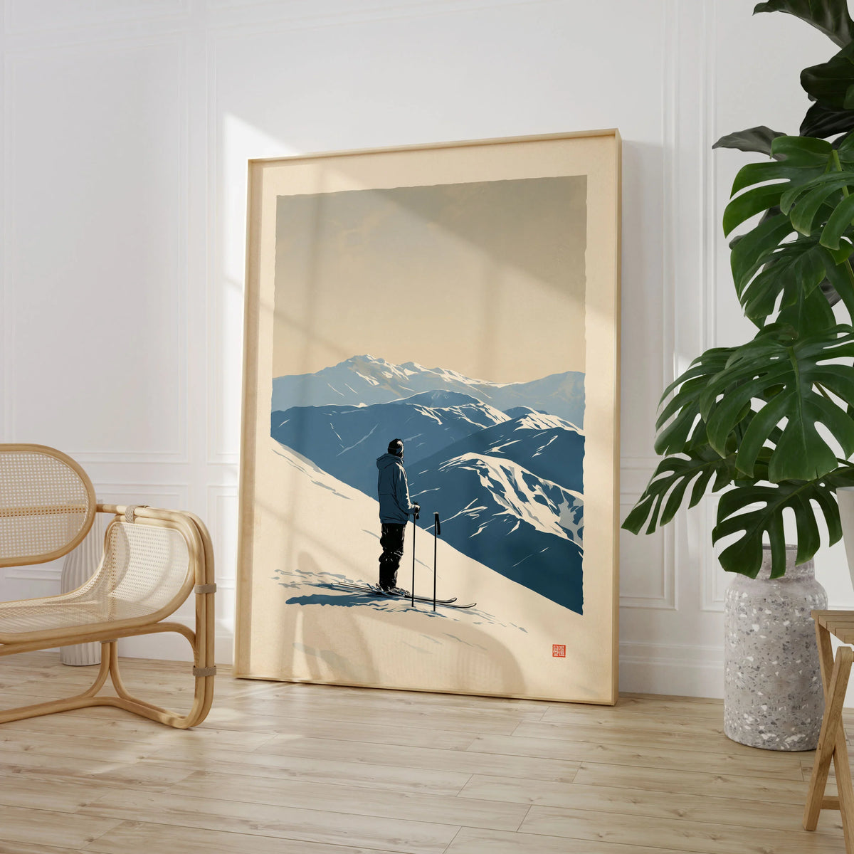 Ski Poster – Vintage Mountain Skier Wall Art — large framed print room setting chair plant