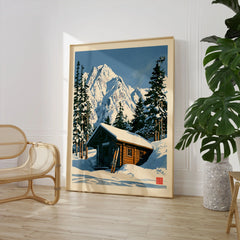 Ski Cabin Art Print – Vintage Alpine Chalet Wall Art — large framed print room setting chair plant